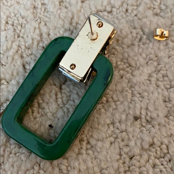 Green rectangular mod earrings w/ crystal - Picture 2 of 5
